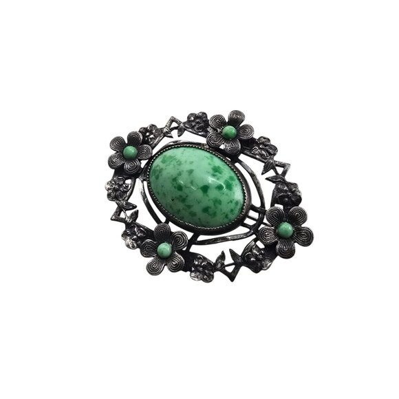 Gorgeous Mottled Green Stone Czech Brooch (A7054) - Picture 2 of 4